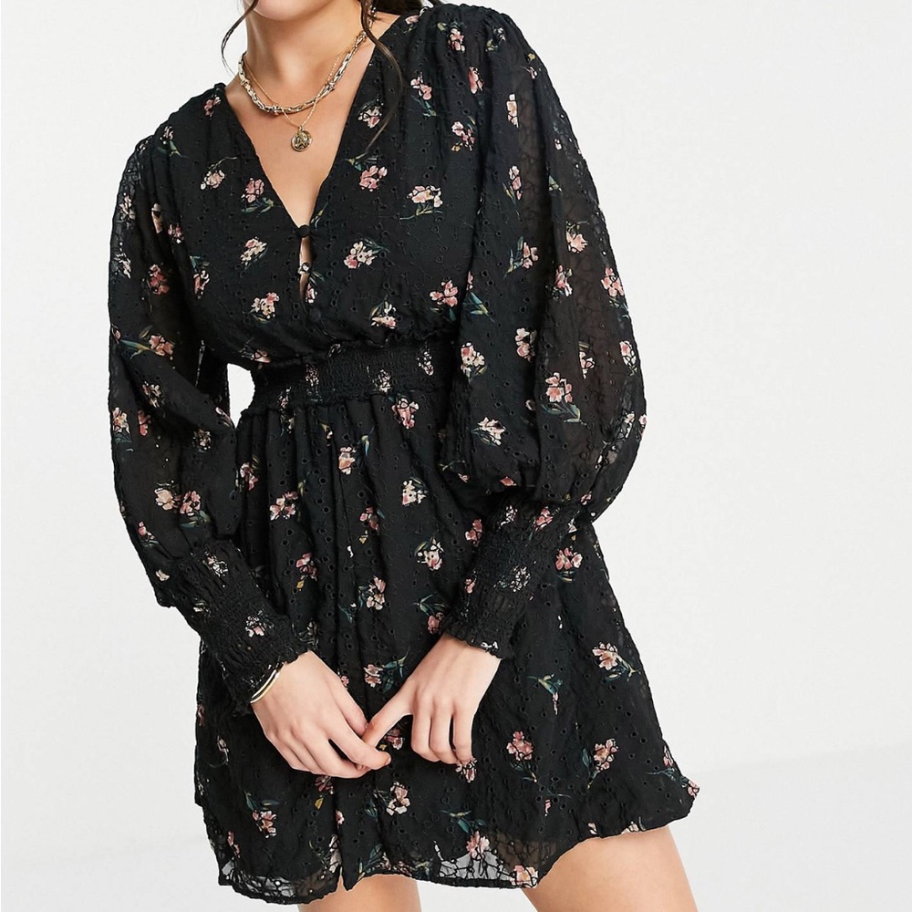 ASOS Shirred waist mini dress floral printed in black